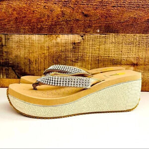 NWOT Volatile Snakeskin Pattern With Crystals Wedge Sandals